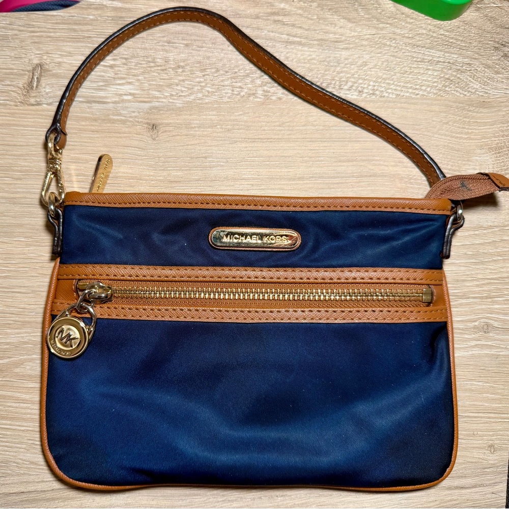 MICHAEL KORS Kempton Nylon Blue Brown Wristlet Pouch Wallet Small Purse